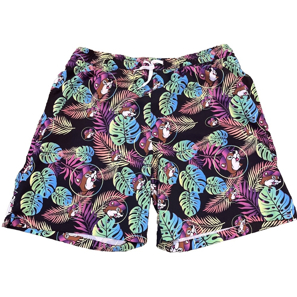Buc-ees Swim Trunks Mens Size L Black Logo Lined All Over Print Floral Pockets